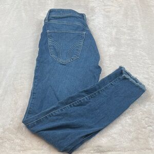 Hollister Women's Skinny Jeans in Blue Denim with Frayed Hem